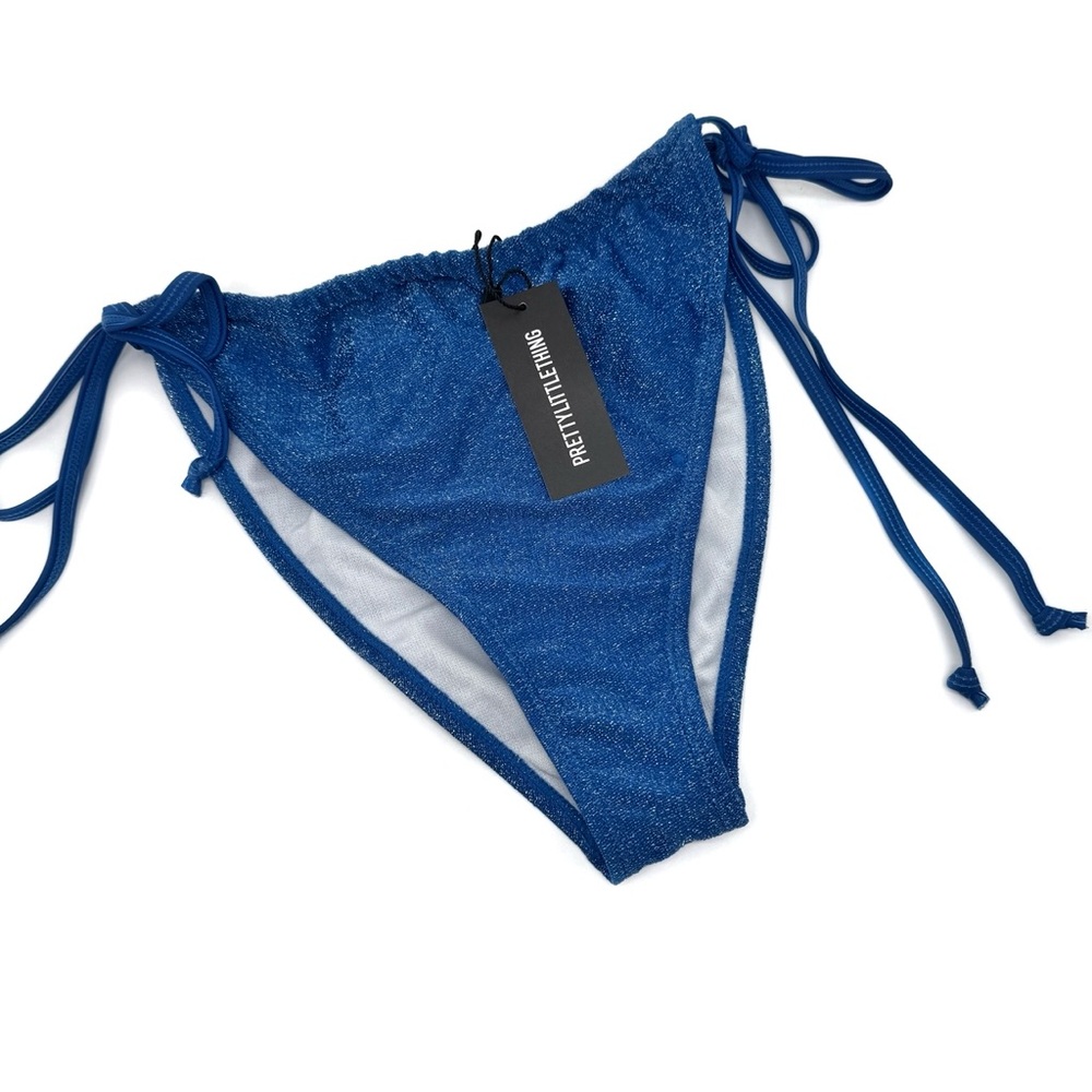 PrettyLittleThing Cobalt Blue Glitter Side Tie Bikini Bottom Size 2 US